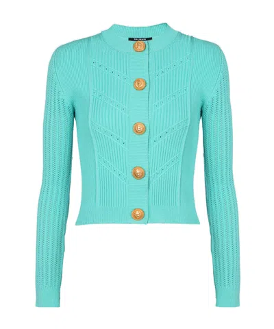 Balmain Buttoned Pointelle Rib Knit Short Cardigan In Blue
