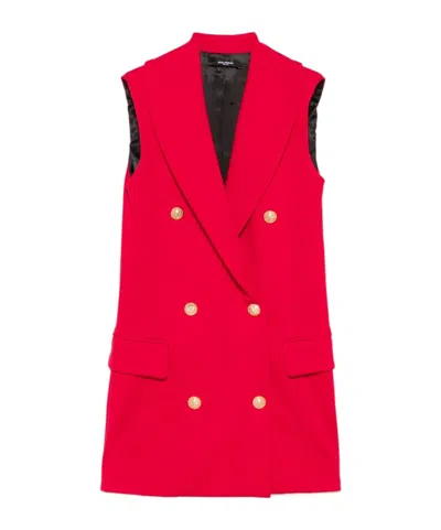 Balmain Embossed-buttons Dress In Red