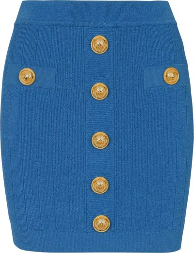 Balmain Embossed-buttons Knit Mini Skirt In Blue