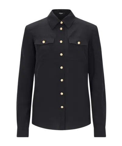 Balmain Shoulder-pads Button-up Silk Shirt In Green