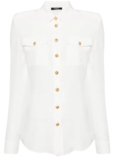 Balmain Silk Shirt With Padded Shoulders In White