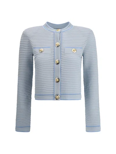 Balmain Long Sleeved Textured Knit Cardigan In Blue