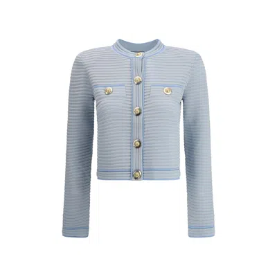 Balmain Long Sleeved Textured Knit Cardigan In Blue