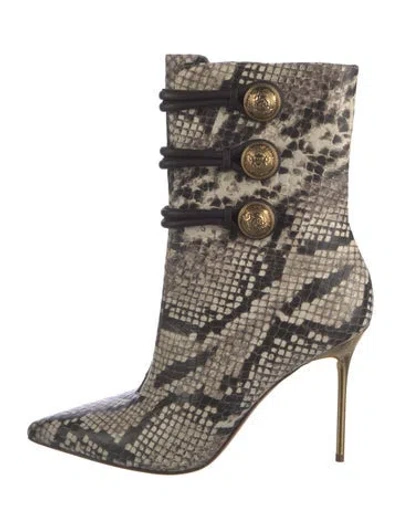 Pre-owned Balmain Embossed Leather Animal Print Lace-up Boots In Neutral