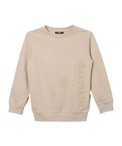Balmain Embossed-logo Cotton Sweatshirt In Nude