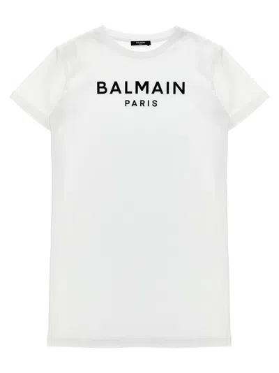 Balmain Kids' Embossed Logo Dress In White/black