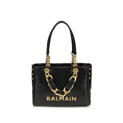 Balmain Embossed Logo Leather Shoulder Bag  Black