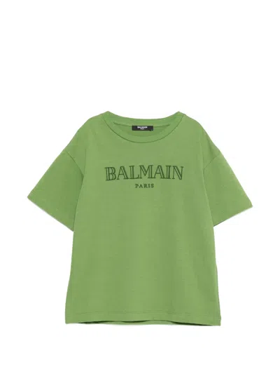Balmain Embossed Logo Neck T-shirt For Boys In Green