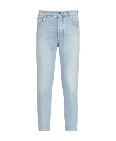 Balmain Embossed-logo Slim-cut Jeans In Blue
