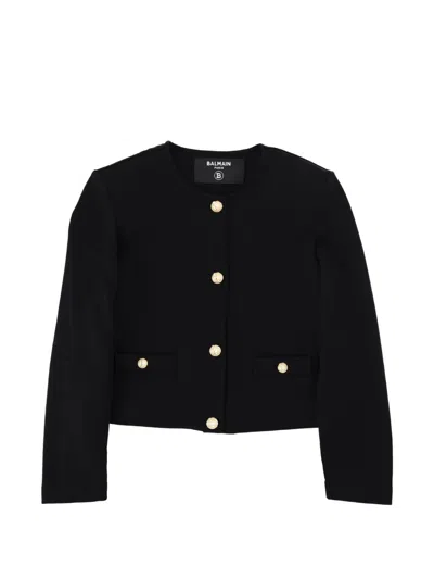 Balmain Kids' Embossed-button Collarless Jacket In Blue