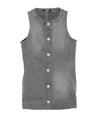 Balmain Embossed-button Denim Dress In Gray