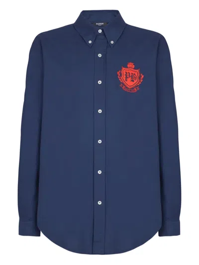 Balmain Embroidered Cotton Shirt In Blue