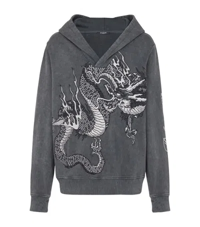 Balmain Embroidered Dragon Hoodie In Grey