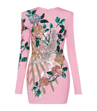 Balmain Long-sleeved Sequinned Minidress In Pink