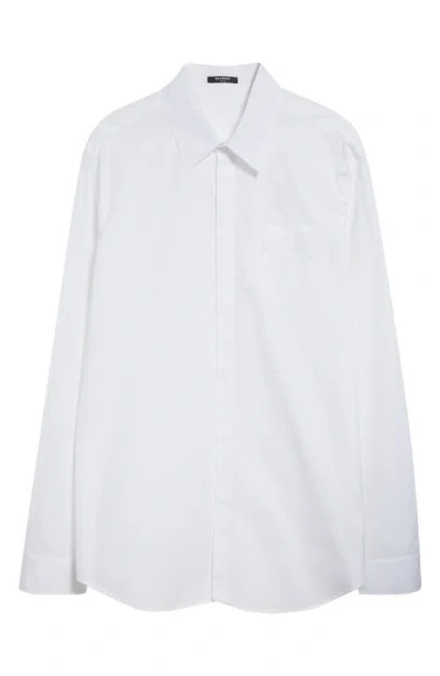 Balmain Embroidered Emblem Cotton Poplin Button-up Shirt In Blue