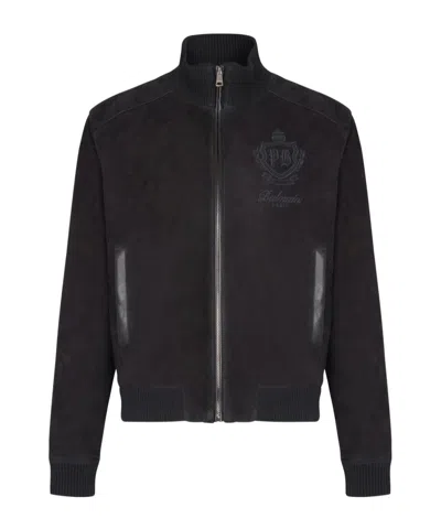 BALMAIN EMBROIDERED-EMBLEM SUEDE JACKET