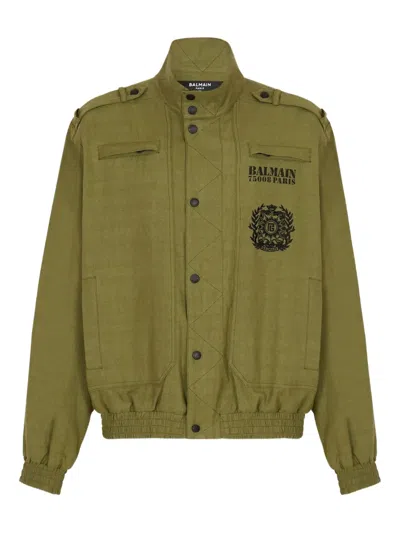 Balmain Embroidered-logo Cotton Bomber Jacket In Green