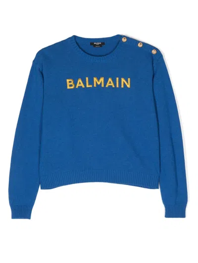 Balmain Embroidered-logo Crew-neck Jumper In Blau