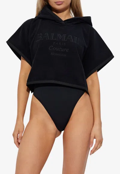 Balmain Embroidered Logo Cropped Poncho In Black