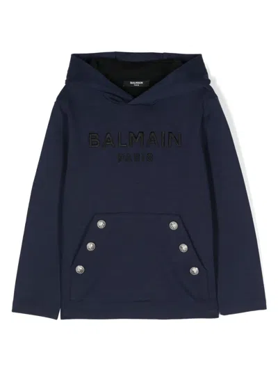 Balmain Kids' Embroidered-logo Hoodie In Blue