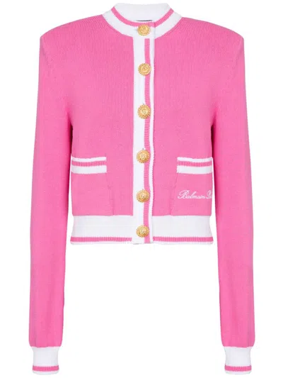 BALMAIN EMBROIDERED-LOGO KNIT CARDIGAN