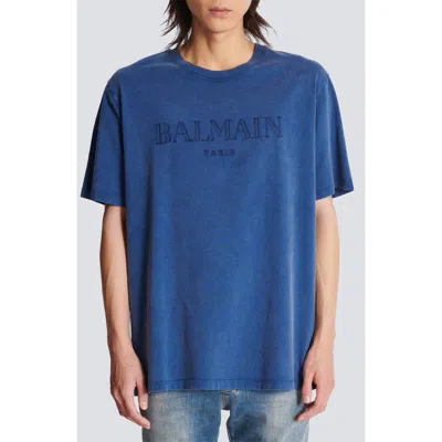 Balmain Embroidered Logo Organic Cotton T-shirt In Blue