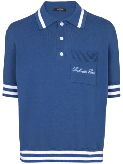 Balmain Signature Logo Embroidered Polo T-shirt In Blue