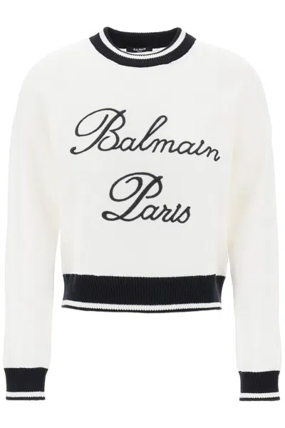 BALMAIN EMBROIDERED LOGO PULLOVER IN WHITE
