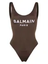 Balmain Embroidered-logo Scoop-back Swimsuit In Brown