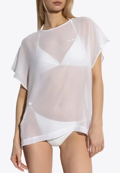 Balmain Embroidered Logo Sheer Silk Cover-up
