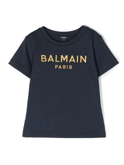 Balmain Kids' Logo-embroidery T-shirt In Blu-oro