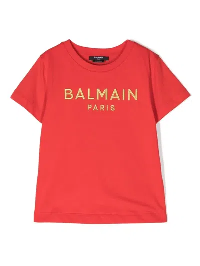 Balmain Kids' Logo Cotton T-shirt In 414or-rosso/oro