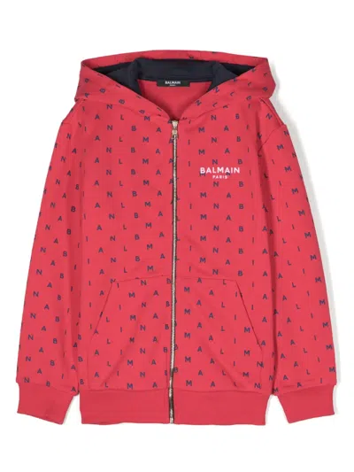 Balmain Kids' Embroidered-logo Zip-up Hoodie In Red