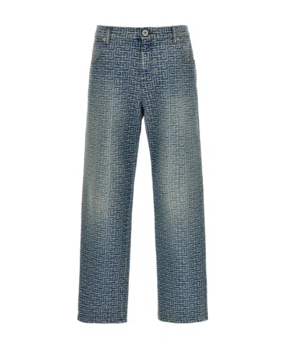 Balmain Jeans With Monogram Motif All-over In Grey