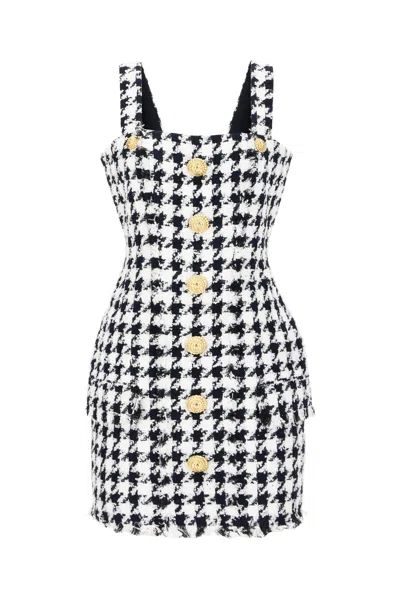 Balmain Houndstooth Tweed Mini Dress In Monochrome