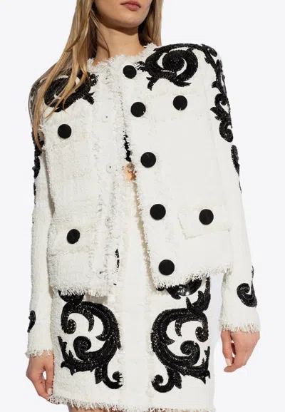 Balmain Embroidered Paisley Tweed Jacket In White