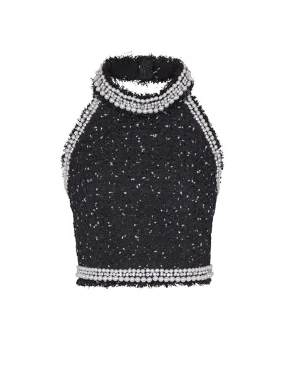 Balmain Embroidered Polka-dot Tweed Halterneck Top In Black