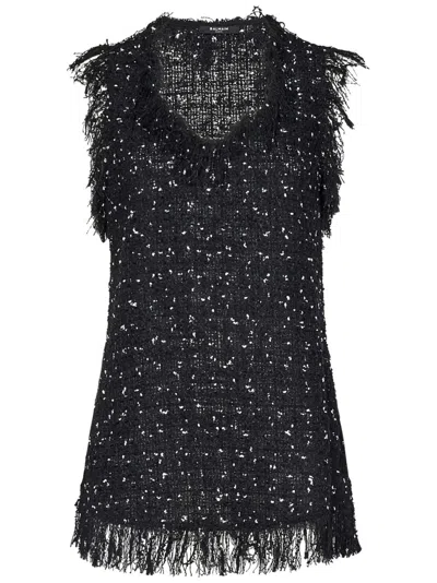 Balmain Embroidered Polka Dot Tweed Sleeveless Top With Fringes In Black