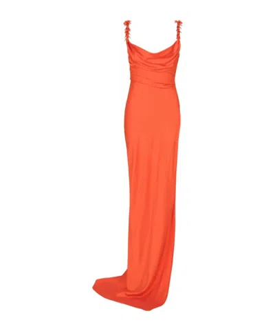 Balmain Beaded Strap Fluid Silk Column Gown In Orange