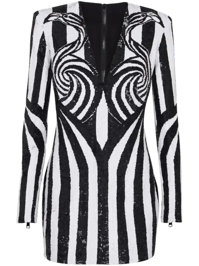 Balmain Embroidered Stripe Short Dress In Black
