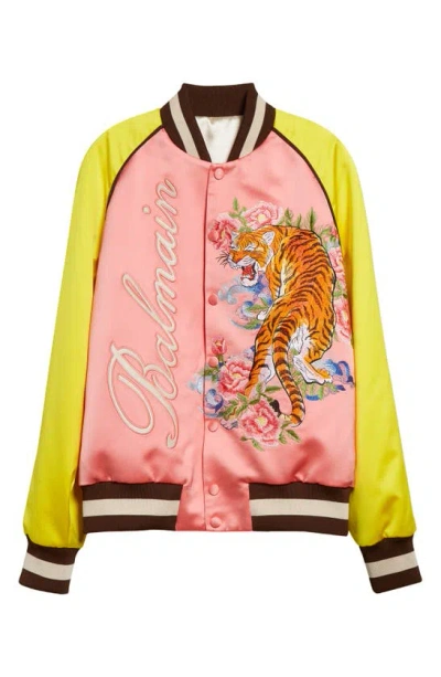 Balmain Tiger-embroidered Satin Bomber Jacket In Multicolor