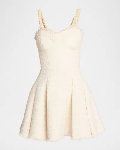Balmain Embellished Pleated Tweed Mini Dress In White