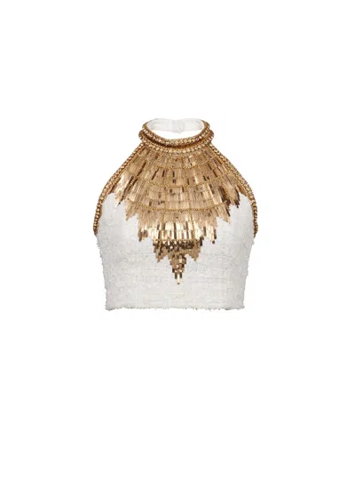 Balmain Embroidered Tweed Crop Top In White