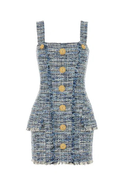 Balmain Embroidered Tweed Dress In Blue