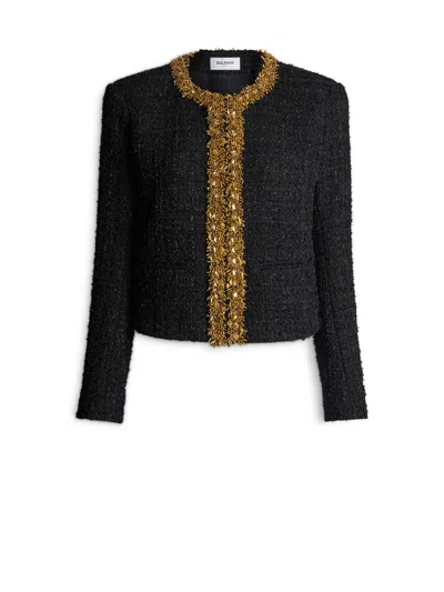 Balmain Embroidered Tweed Jacket In Black