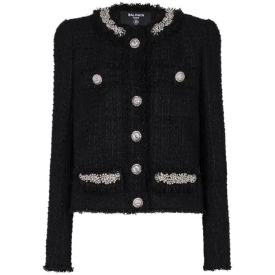 Balmain Embroidered Tweed Jacket In Black
