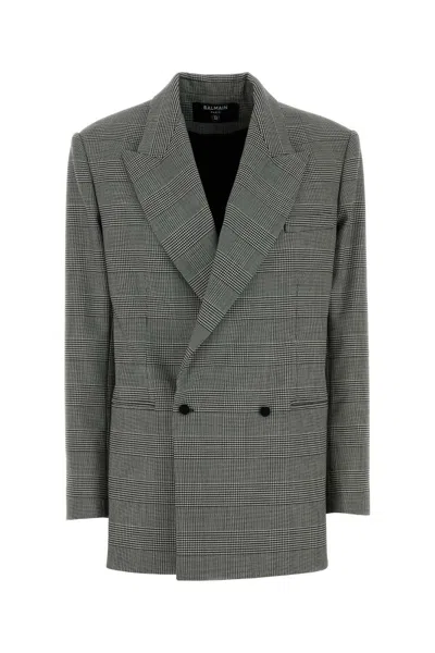 Balmain Wool Blend Blazer Check Buttons Lapels Shoulders In Gray