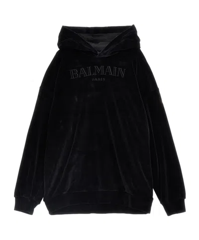 BALMAIN BALMAIN KIDS LOGO EMBROIDERED VELVET HOODIE