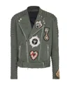 Balmain Denim Biker Jacket With Embroidered Patches In Black