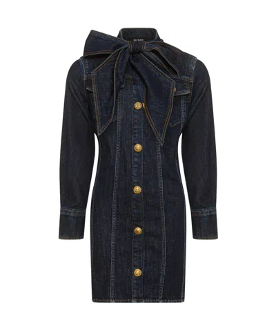 Balmain Engraved-buttons Denim Dress In Blue